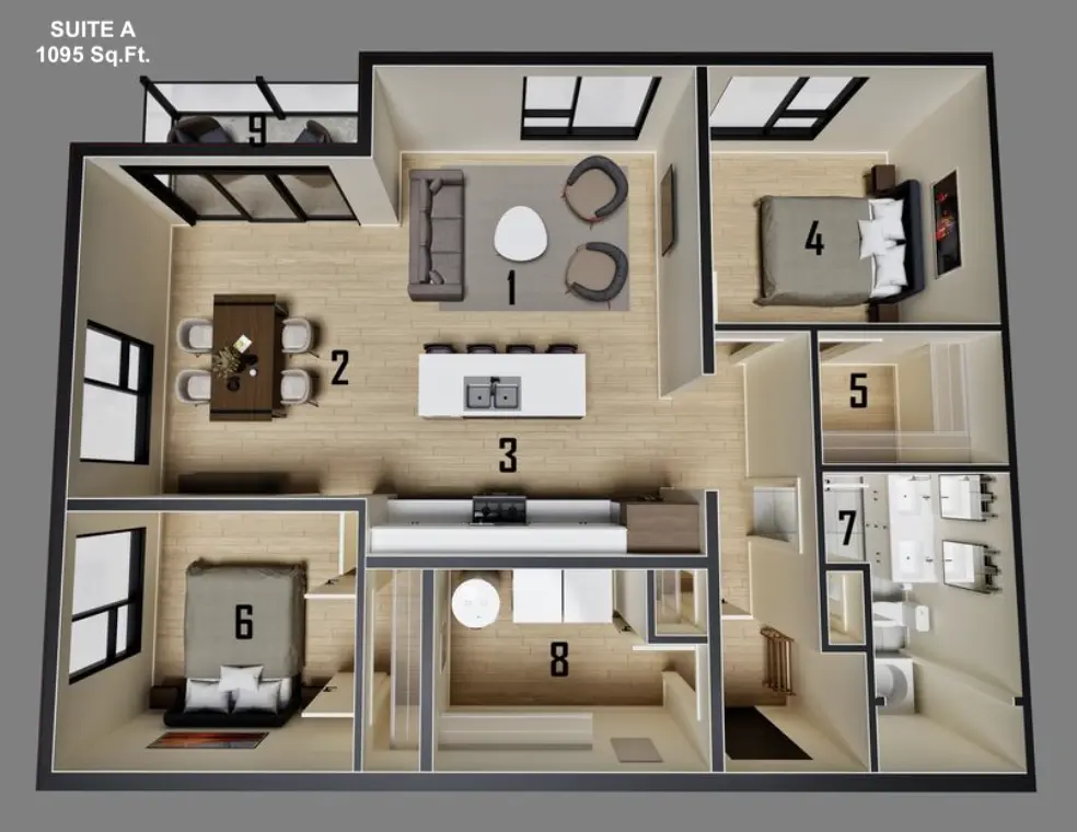 Suite A floor plan — 1,095 sq.ft.