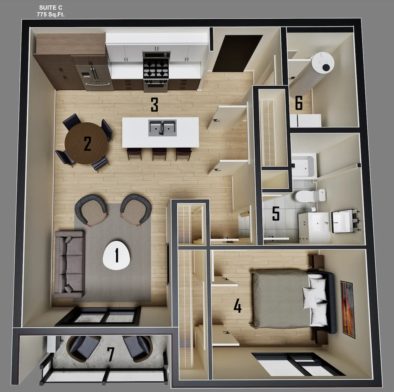 Suite C floor plan — 775 sq.ft.