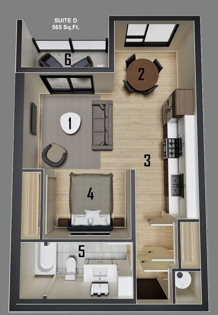 Suite D floor plan — 565 sq.ft.